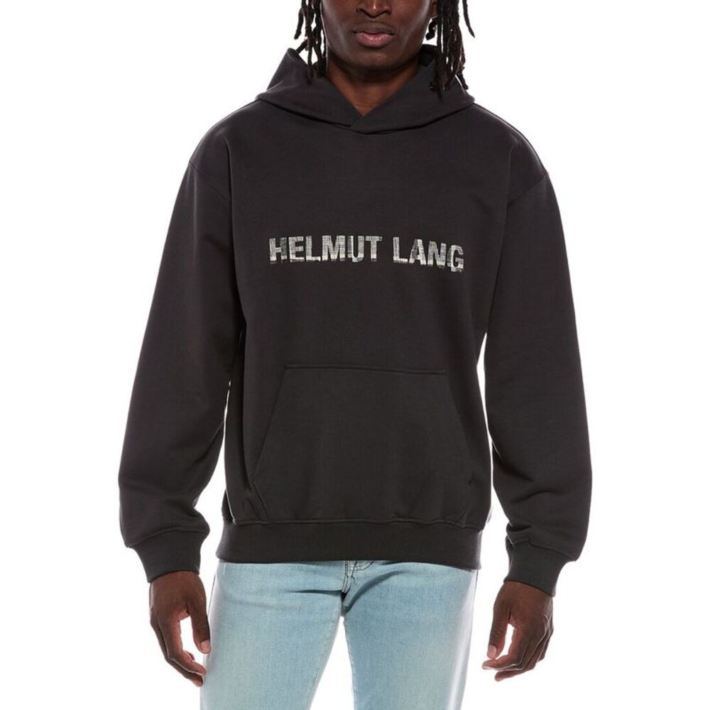 Helmut Lang Mens  Plaid Logo Hoodie, Black